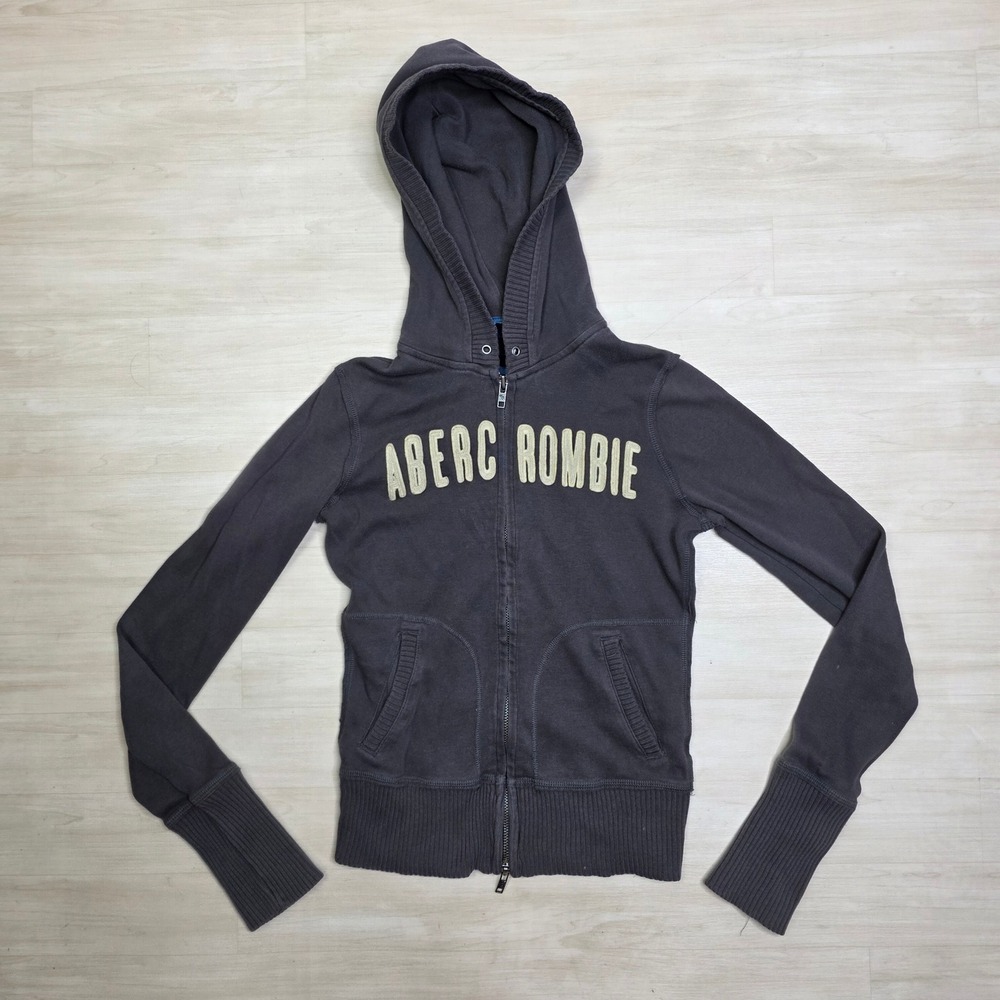 Abercrombie & Fitch Womens M Gray Full Zip Hoodie Applique Logo Y2K Ribbed Cuffs